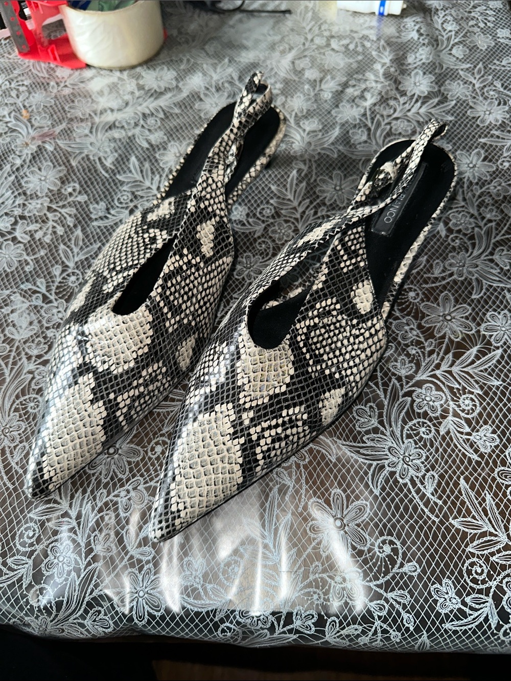 Tony Bianco Black & White Snake-Print Pointed Slingbacks